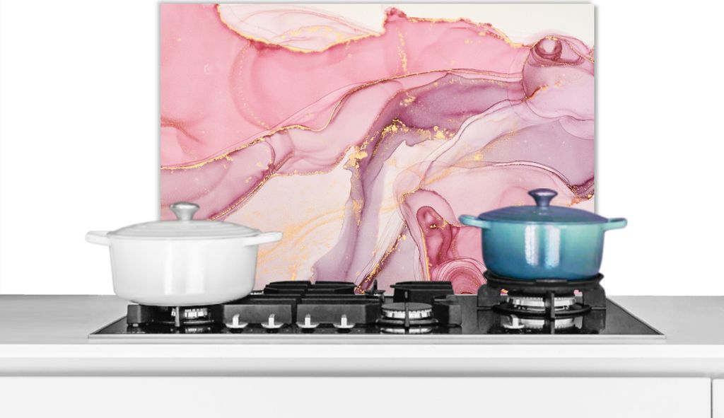 KitchenYeah Spritzschutz Küche - Küchenrückwand - Wandschutz für Herd und Spüle - Gold - Marmor - Rosa 60x40 - Alu-Dibond (Alternative zum ...