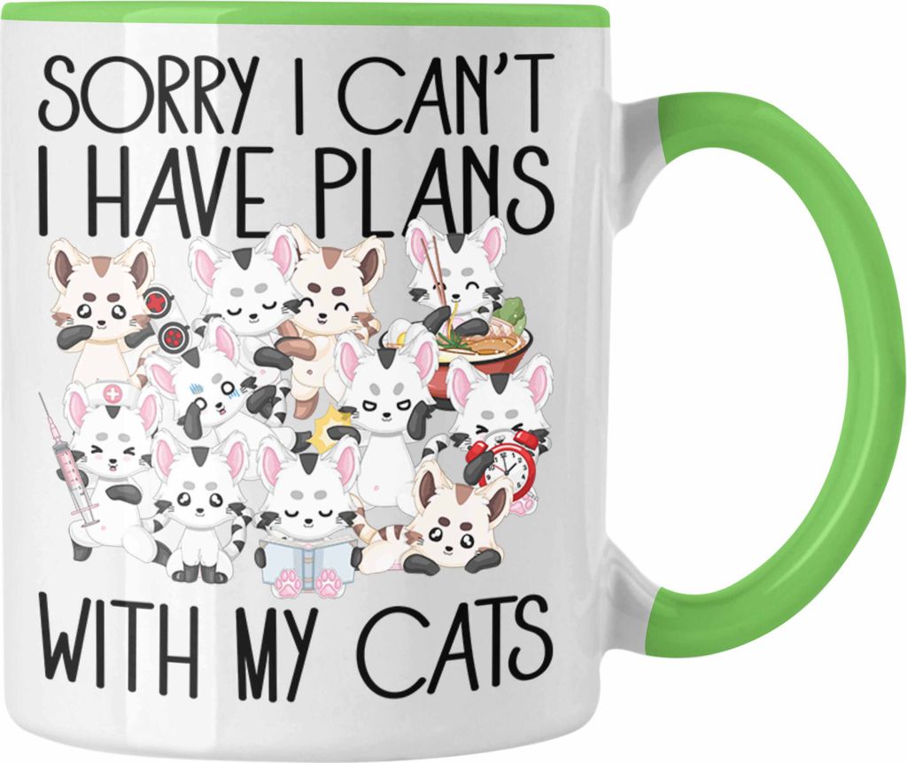 Trendation - I Have Plans With My Cats Tasse Geschenk Katzenbesitzerin Katzen-Liebahberin Geschenkdiee (Grün)