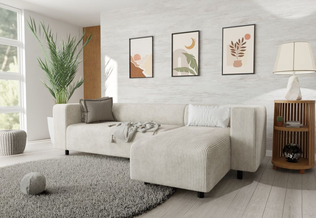 S-STYLE MÖBEL - Malin - Modernes Ecksofa mit Ottomane aus Beige Cord-Stoff mit bequemem Sitz - Ottomane rechts
