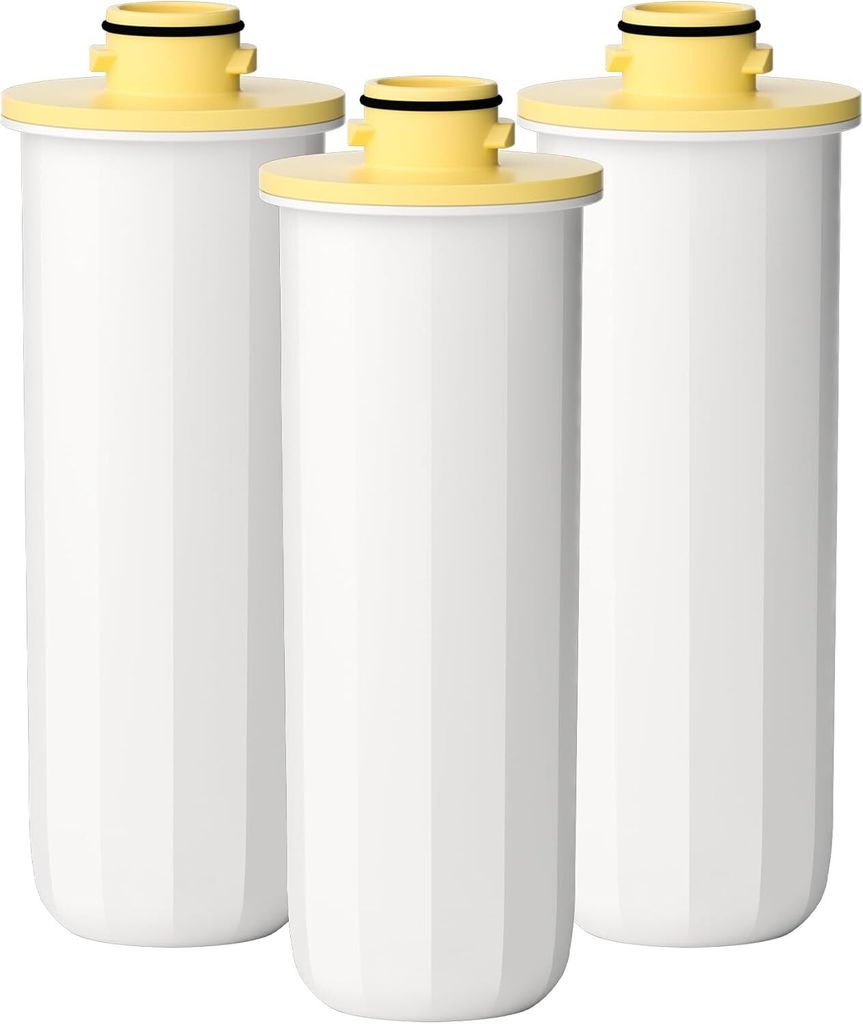Three white water filter cartridges with yellow tops and black seals are arranged in a row against a white background.