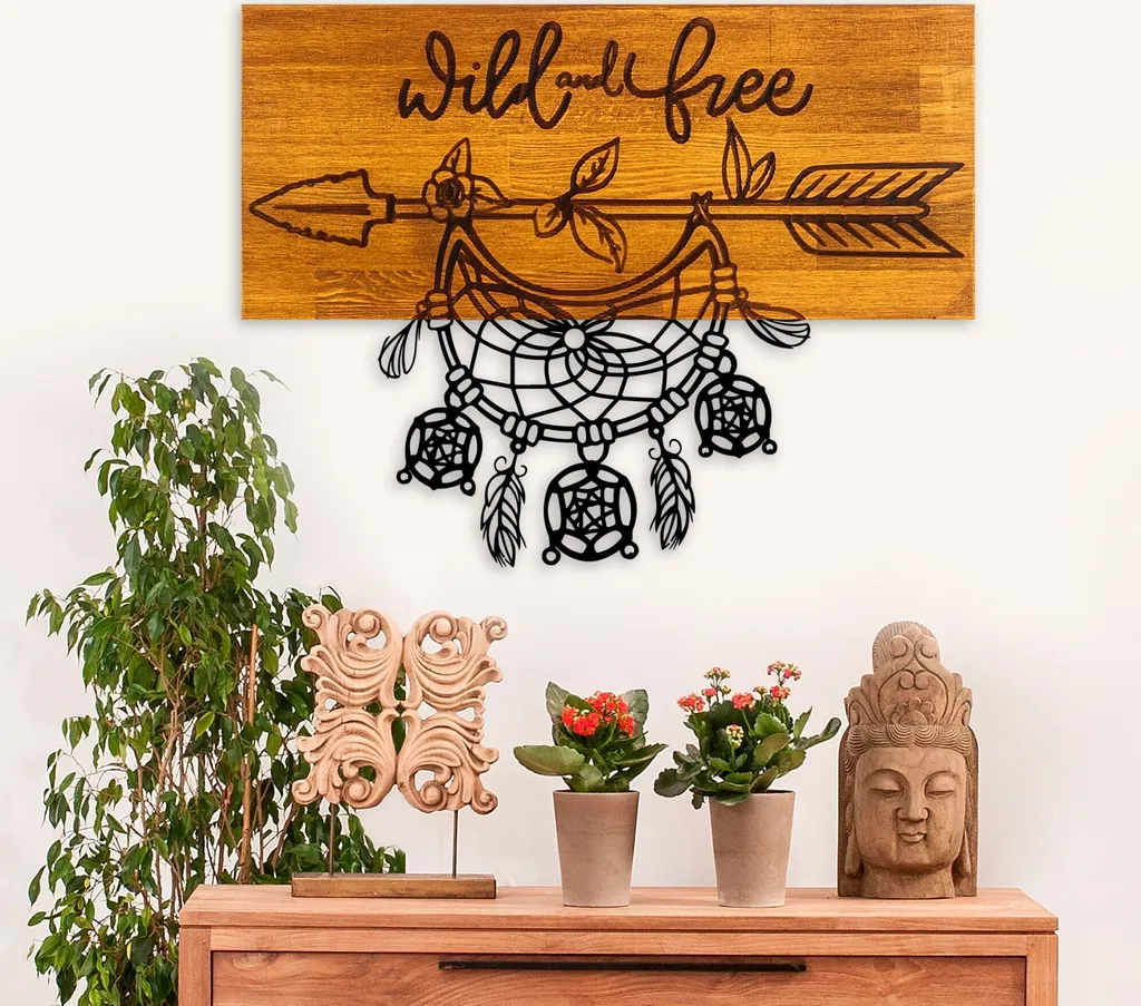 Décoration Murale Design en Bois de Noyer et Métal Wild and Free 58 cm