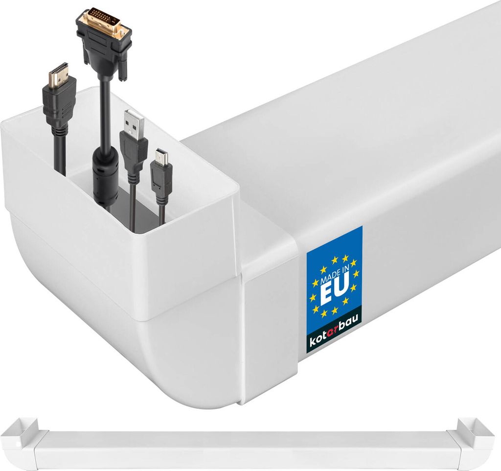 A white cable management channel with various cables plugged into it.