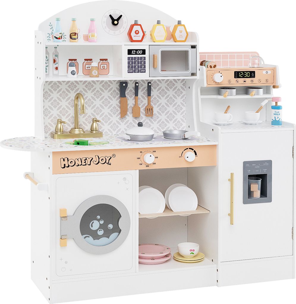 COSTWAY Kinderküche Spielküche Spielzeugküche mit 27 Zubehör, Mikrowelle Spüle Eis- & Kaffee- & Waschmaschine Geschirrständer für Kinder 2+ ...