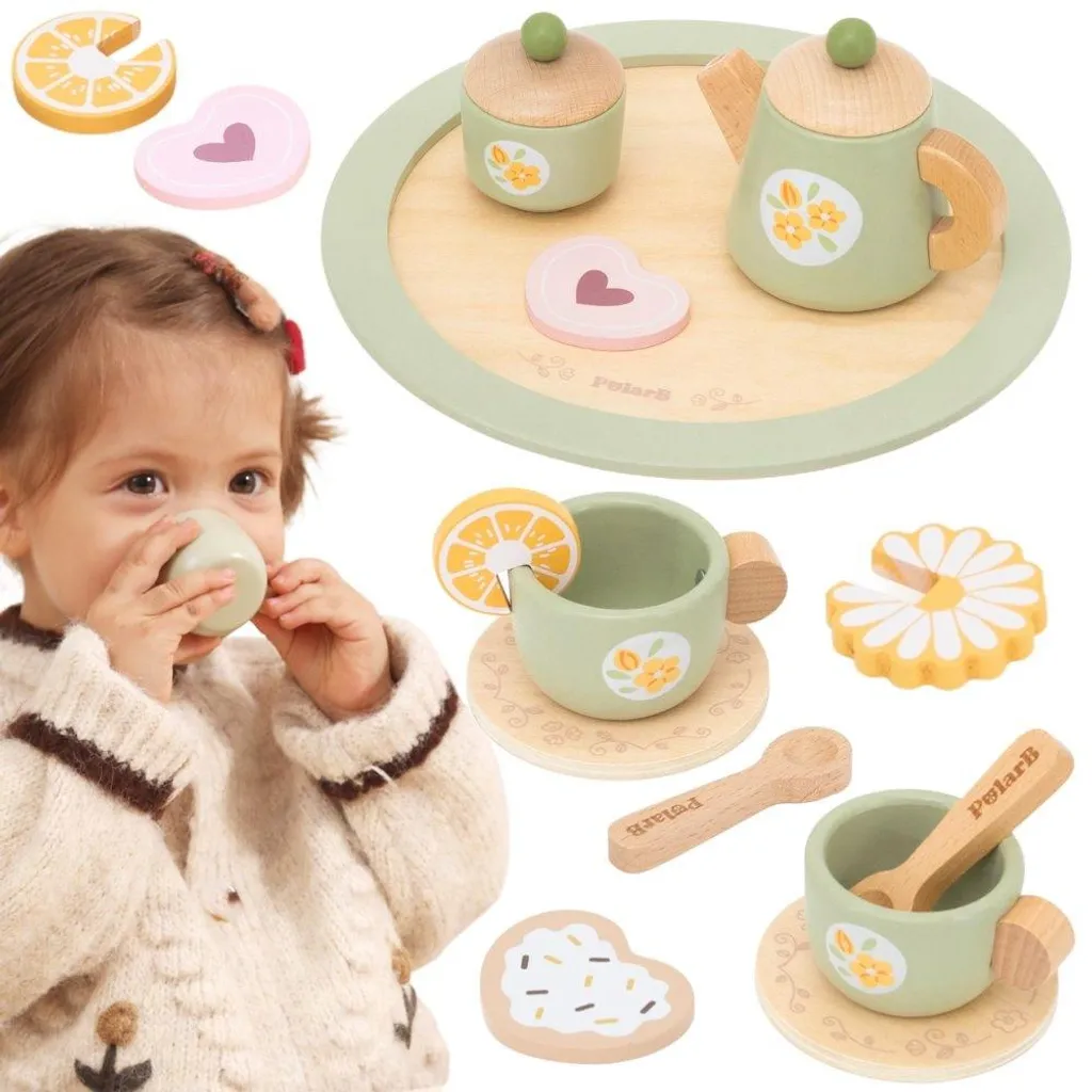 Service à thé de printemps Viga en bois 15 pièces : jouet durable et sûr