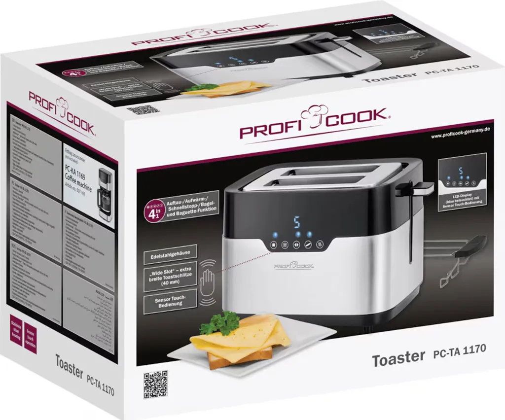Grille-pain ProfiCook PC-TA 1170 Sensor Touch : Finis les Pains Brûlés
