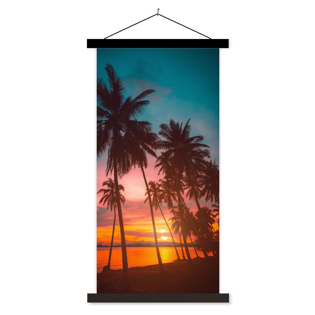 MuchoWow Textilposter Meer - Palme - Sonnenuntergang - Strand - Silhouette 90x180 cm mit schwarzem Rahmen - Dekoration Wohnzimmer