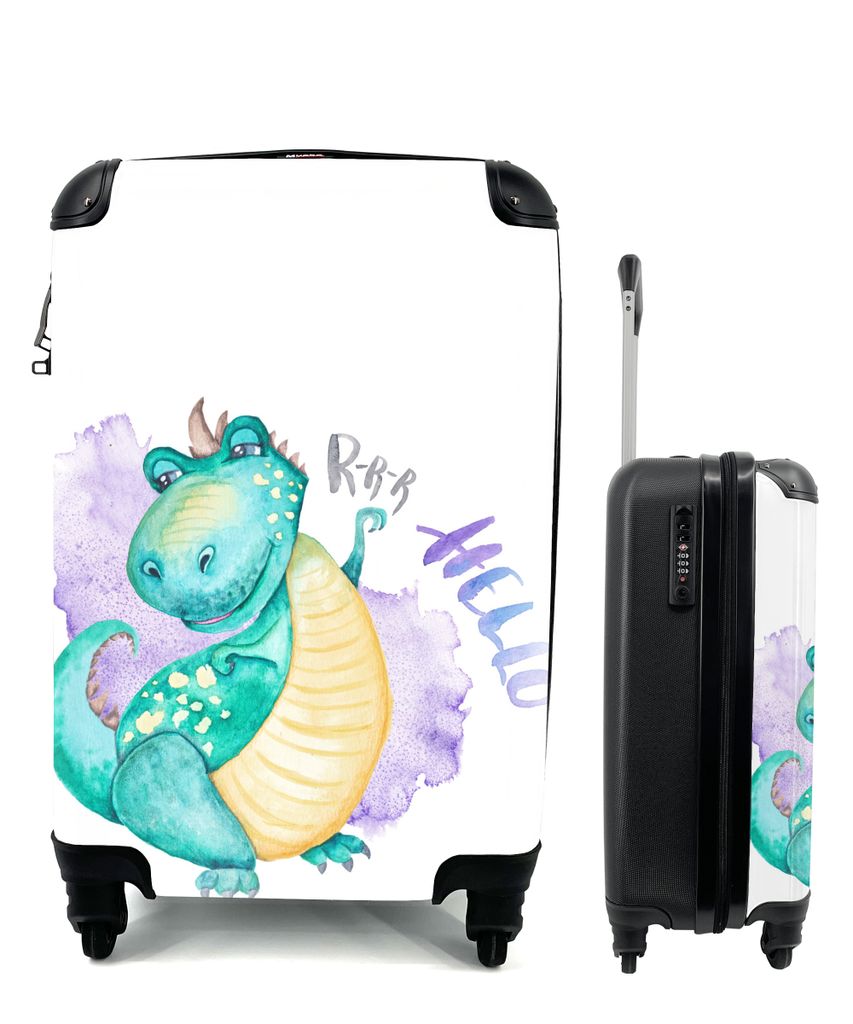 MuchoWow Koffer Handgepäck Trolley Rollkoffer Kleine Reisekoffer mit 4 Rollen - Dinosaurier - Weiß - Jungen - Mädchen - Kinder - Cabin Size < ...