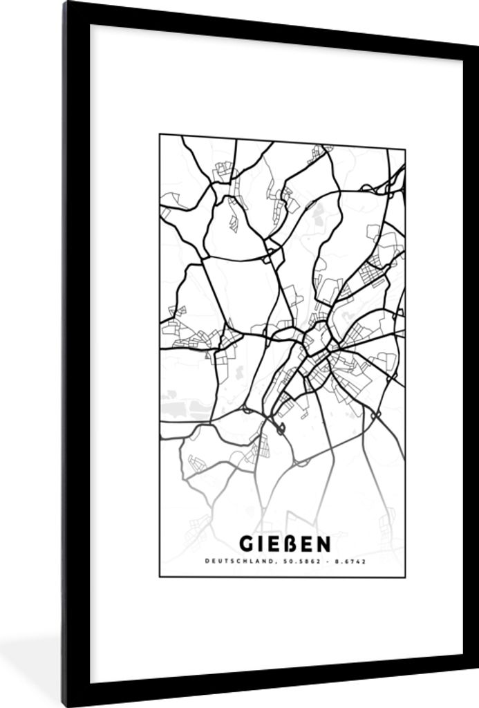 MuchoWow Gerahmtes Poster Karte - Gießen - Stadtplan 60x90 cm - Poster mit Schwarzem Bilderrahmen Wandposter Rahmen Foto Bilder - Dekoration - W...