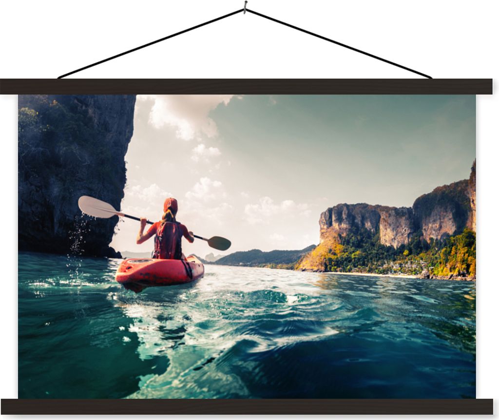 MuchoWow Textilposter Kajak - Meer - Strand 60x40 cm mit schwarzem Rahmen - Hölzernes