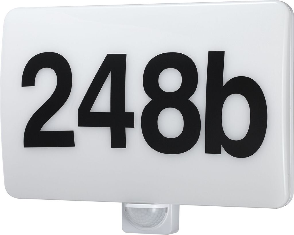 A white LED wall light with the house number "248b" printed in black.