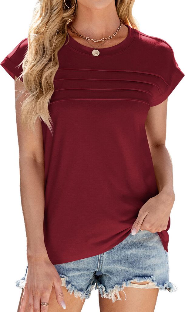 ASKSA Damen T-Shirt Einfarbig Rundhals Oberteile Blusen Fluegelaermeln Basic Tops Sommer Casual Lose Shirts (Weinrot,S)