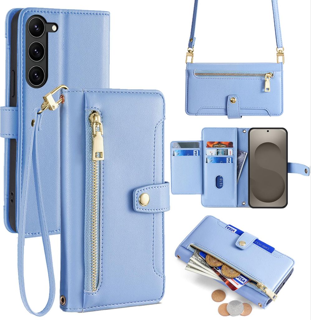 Handykette Samsung Galaxy S26 Hülle mit Band Handyhülle Kartenfächer Kunstleder Umhängetasche in Hellblau