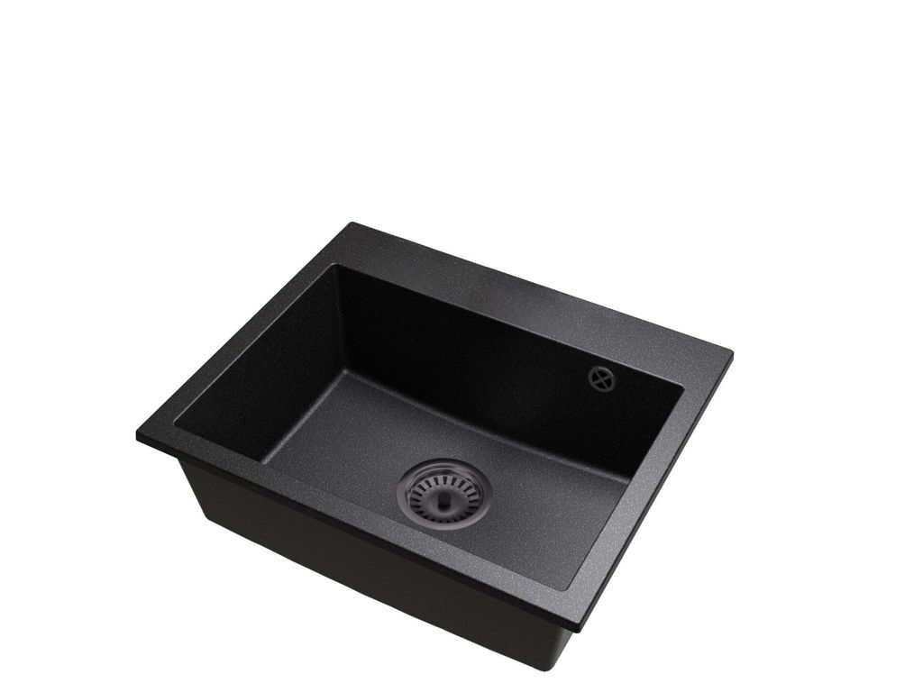 Granitspüle Einbecken EXCLUSIVE 55 – Schwarz gesprenkelt – Ablaufgarnitur Schwarz