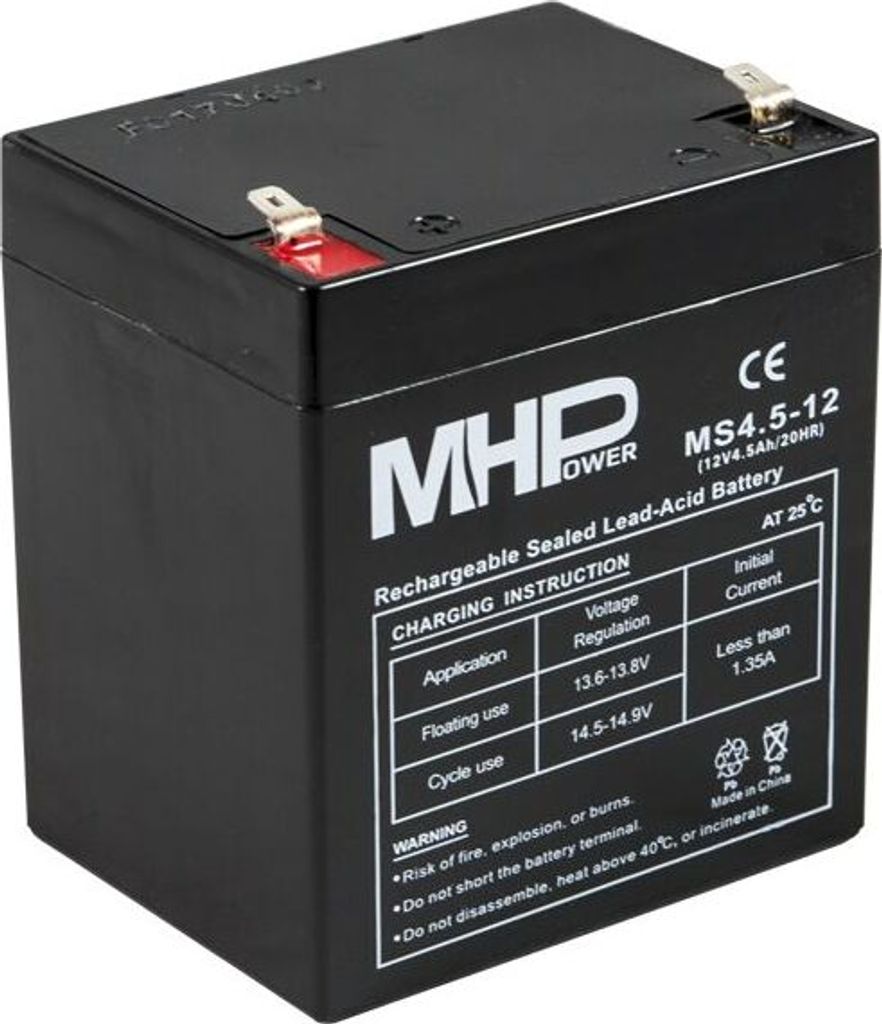 A black rechargeable sealed lead-acid battery with white text and logos.