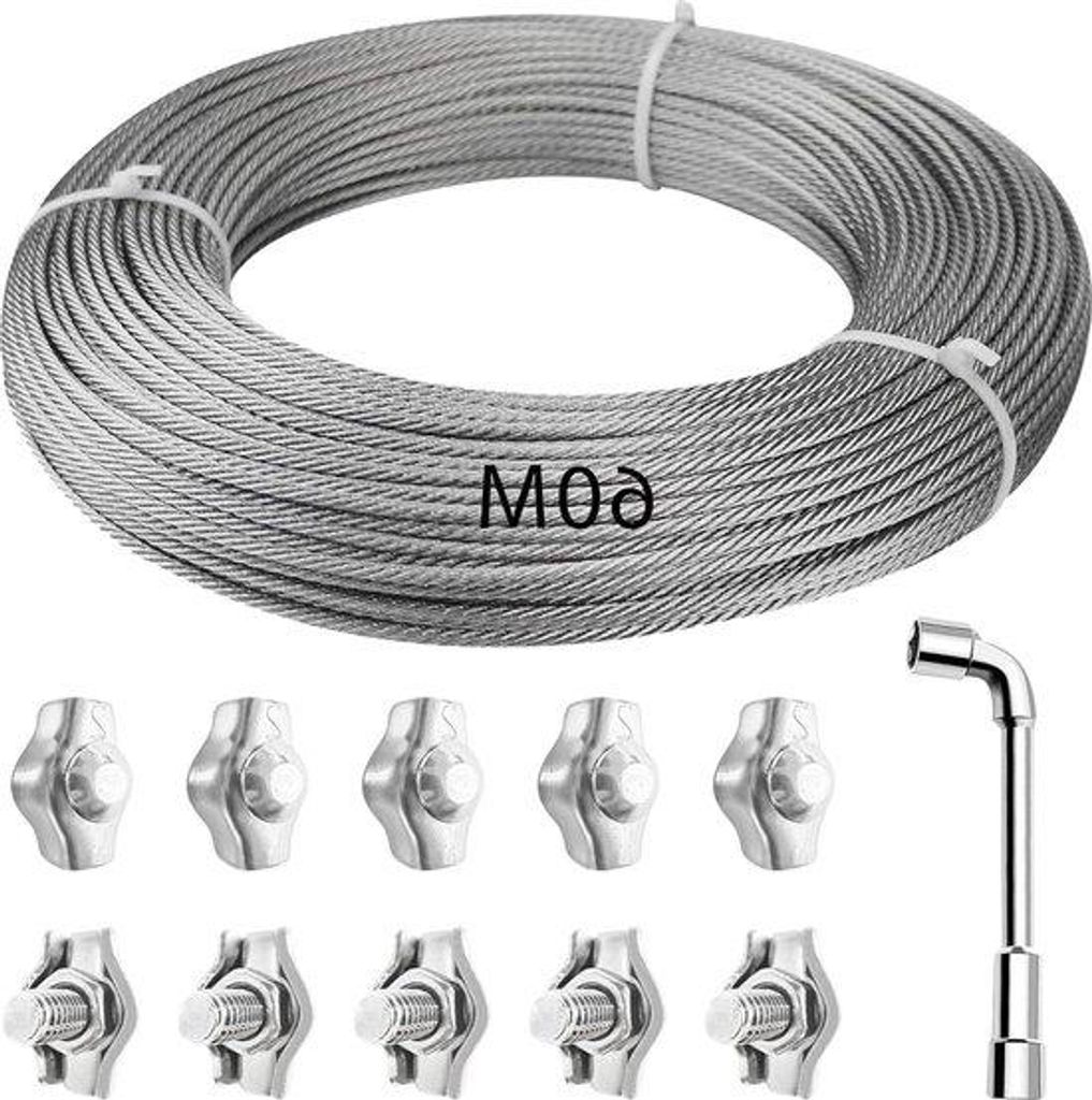 60m 304 rostfreier Stahl-Kabel mit Kabelschrauben - ummantelt - Steckzange - Vorhangseil - Wäscheleine - Pflanzkabel - Zeltseil - Beleuchtungskabel