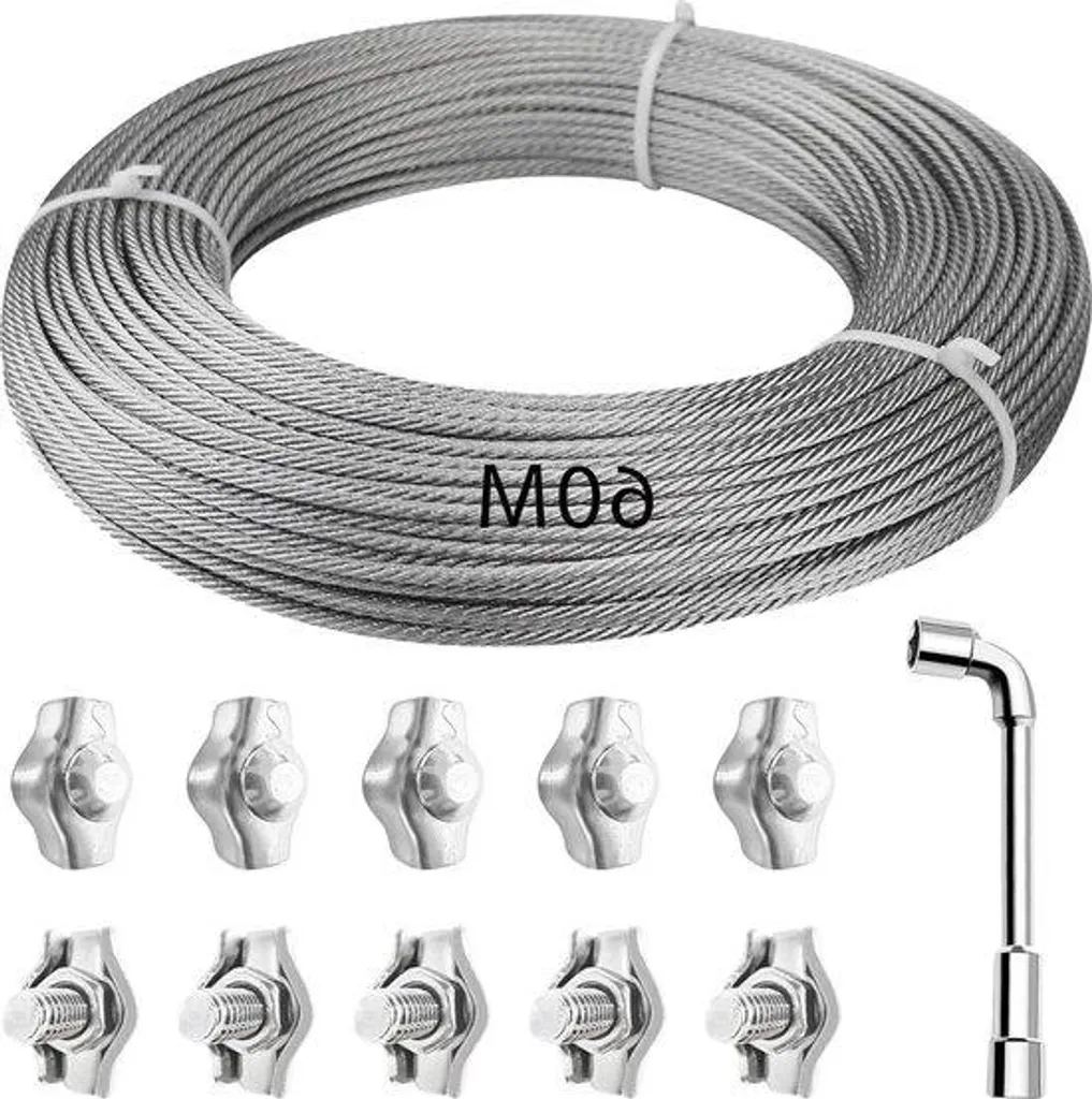 Corde à linge en acier inox 304 gainé 60m avec fixations pour jardin