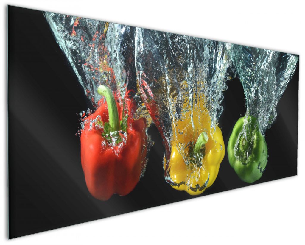 Wallario Küchenrückwand aus Glas, Größe: 125 x 50 cm, Motiv: Paprika-Mix - frische Paprika in rot, gelb und grün im Wasser | Spritzschutz | ab...