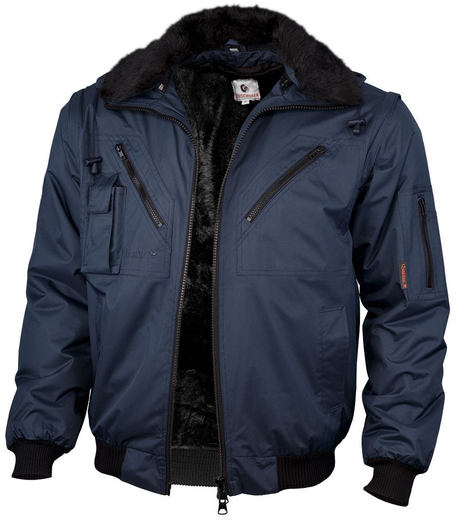 A navy blue bomber jacket with a black fur collar and lining.