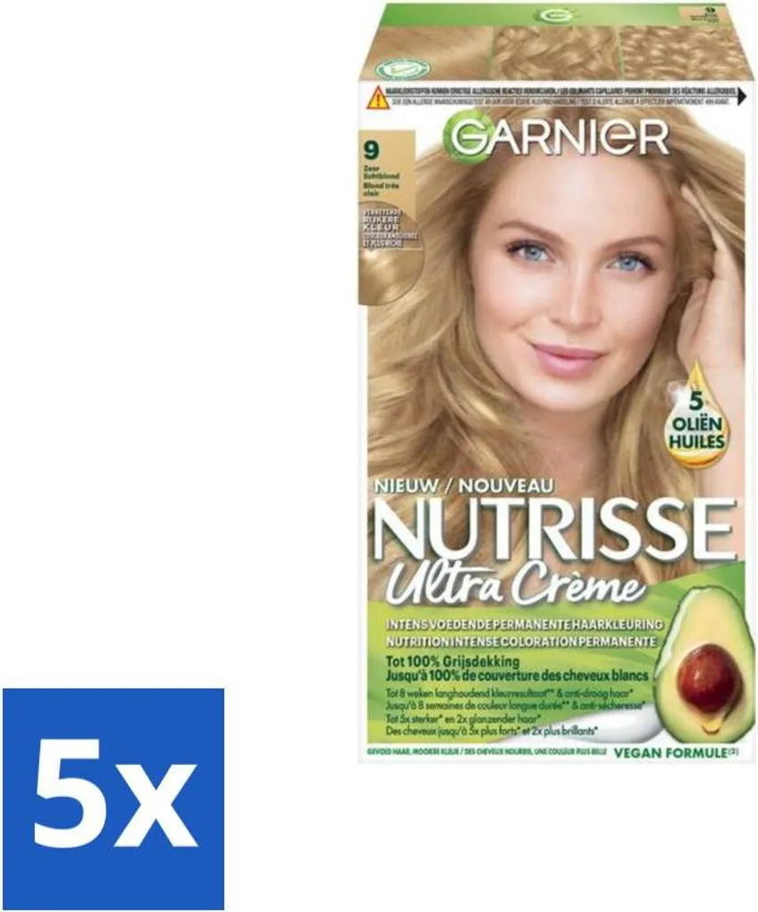 Garnier - Nutrisse Ultra Cream 9 - Colore dei capelli - Biondo chiarissimo - Trattamento intensivo - Colore permanente - Confezione risparmio - 5 pezzi