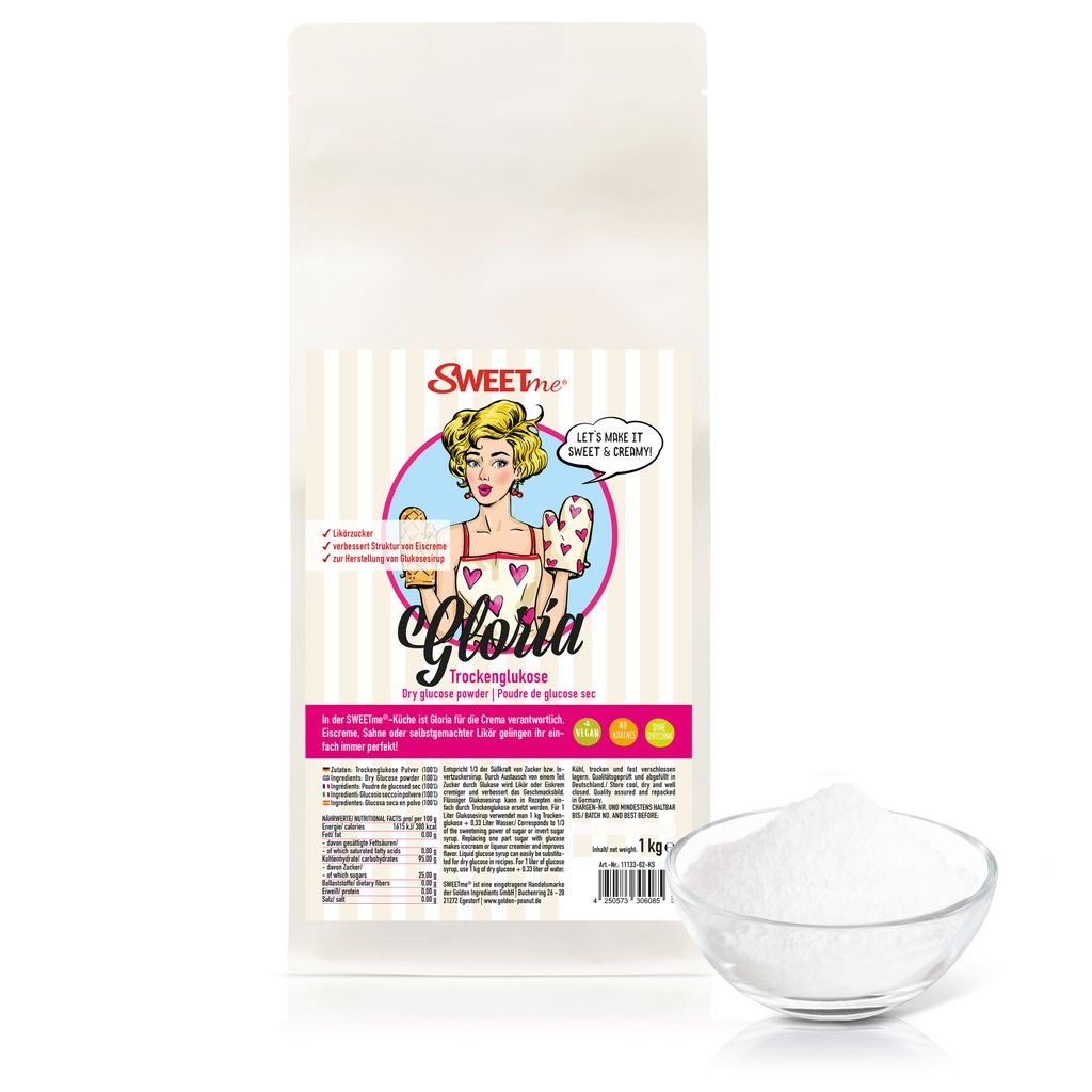 A bag of glucose powder with a small bowl of the product in the foreground.