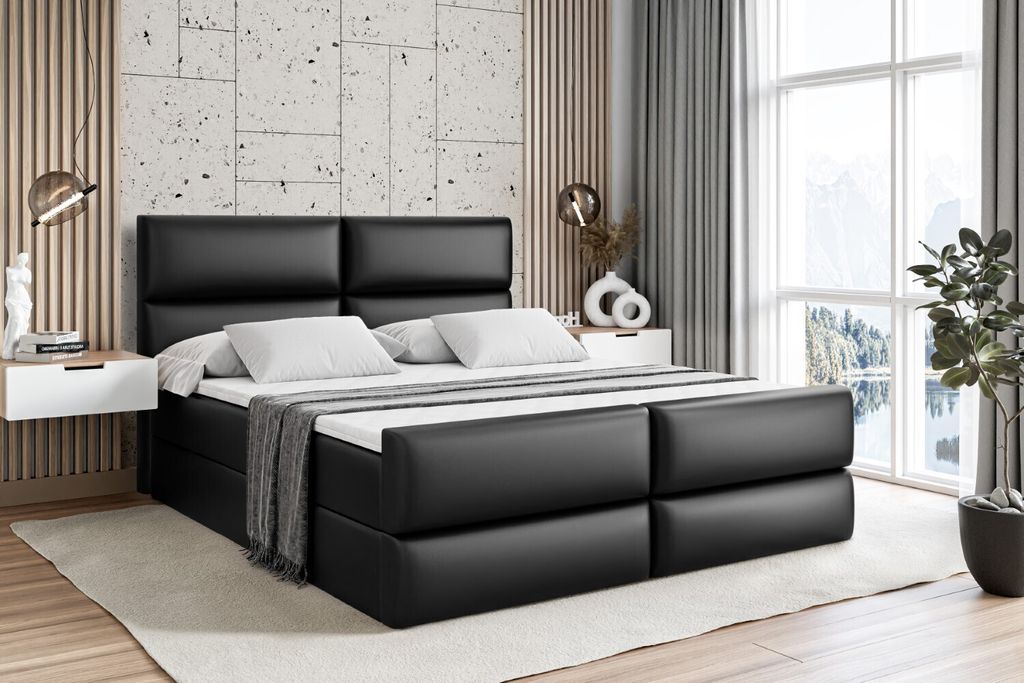 ALTDECOR Boxspringbett mit Fußteil, H3 Matratze und Topper - 140x200 cm - BOXI3-Z - Schwarz Kunstleder - Polsterbett mit Bettkasten und Lattenrost...
