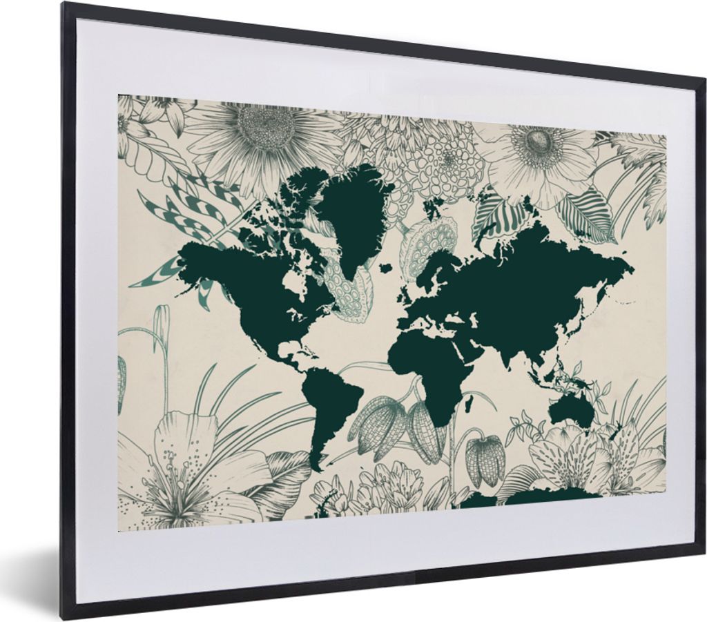 MuchoWow MuchoWow Gerahmtes Poster Weltkarte - Blumen - Pflanzen 60x40 cm - Poster mit zchwarzem Bilderrahmen - Schlafzimmer - Plakat in Rahmen...