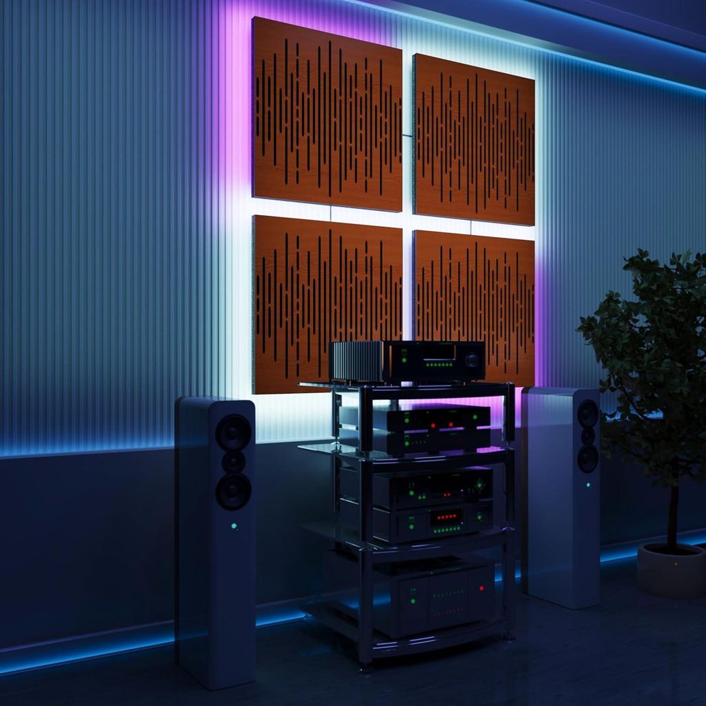 4er-Pack-LED Akustikwandpaneele mit RGB Glow für Echo Control|Schallabsorbierende Paneele mit Backlight|4x WAVE -Separat-SQUARE|Nussbaum