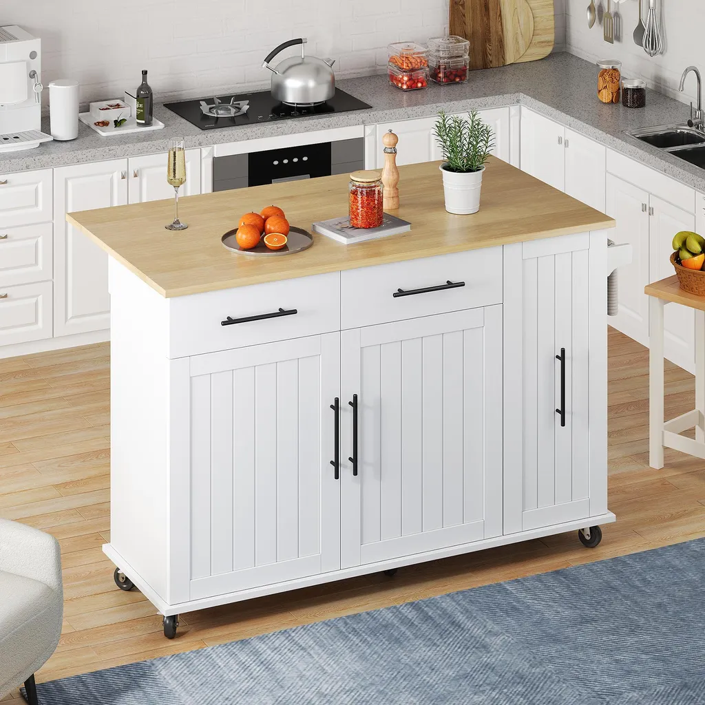 OKWISH Îlot de Cuisine Blanc et Nature en MDF avec Plan de Travail Rabattable