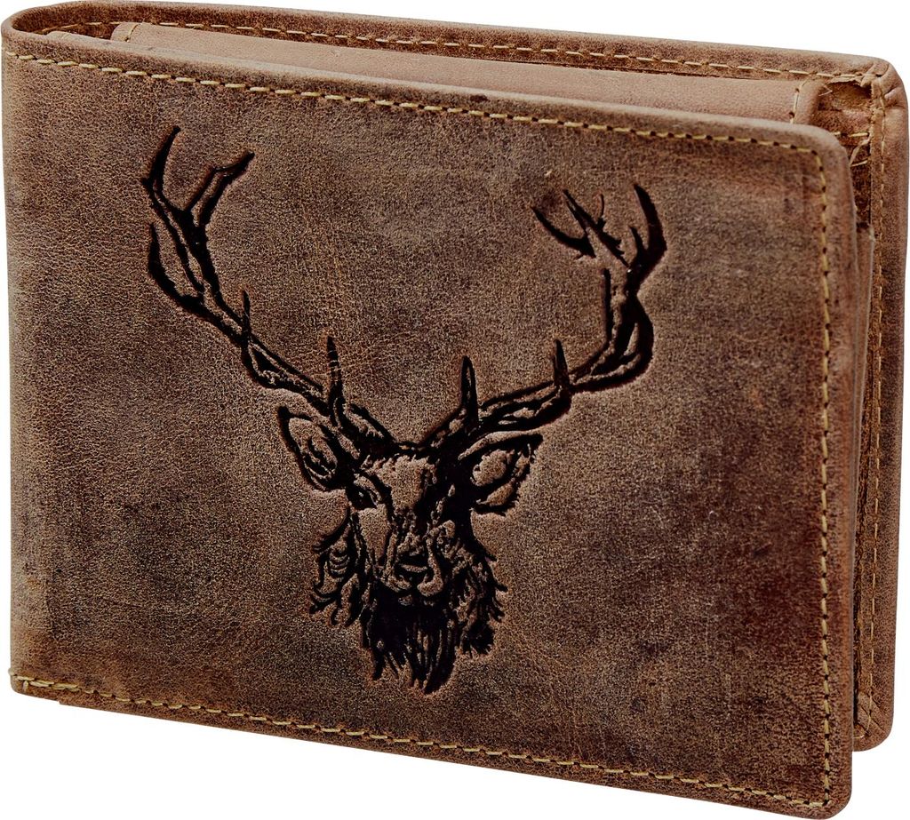A close-up view of a brown leather wallet with a deer head embossed on it.