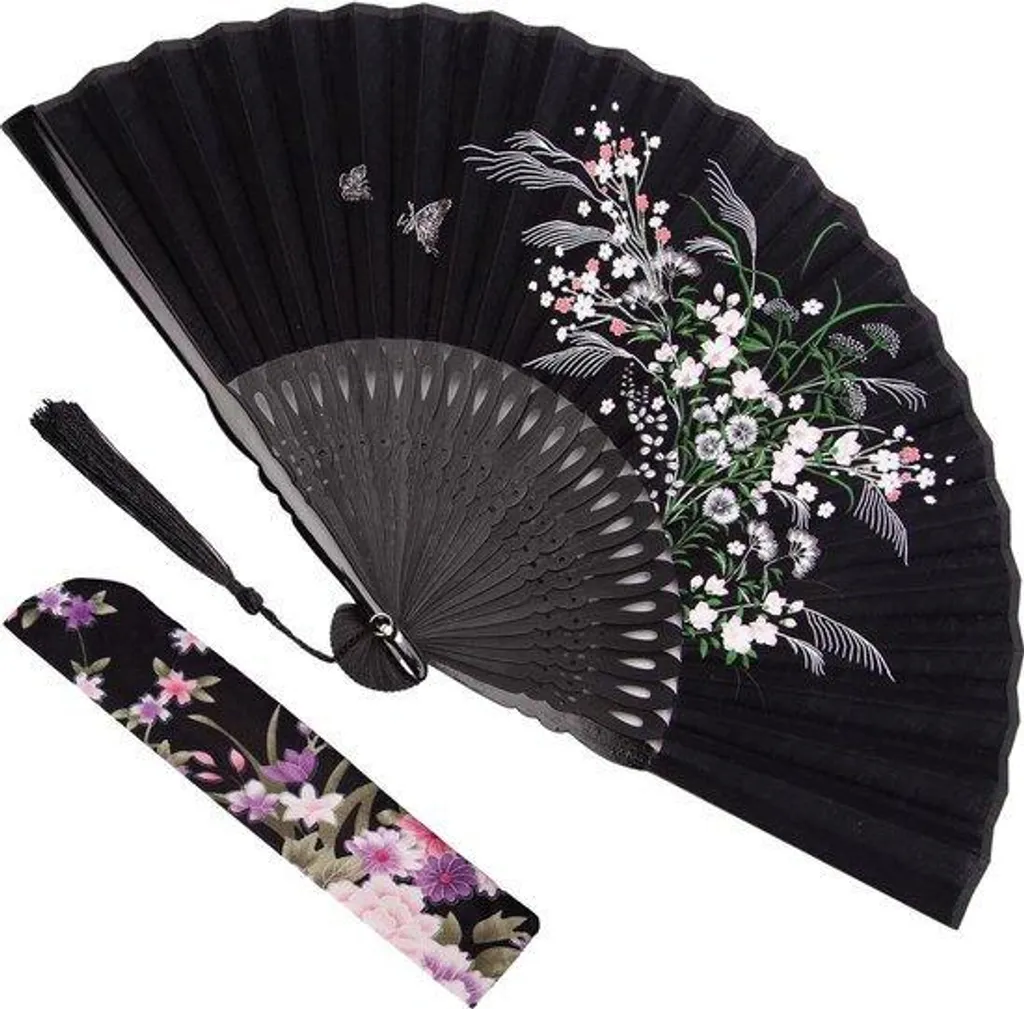 Éventail pliable noir pour festival et mariage, style rétro fleuri