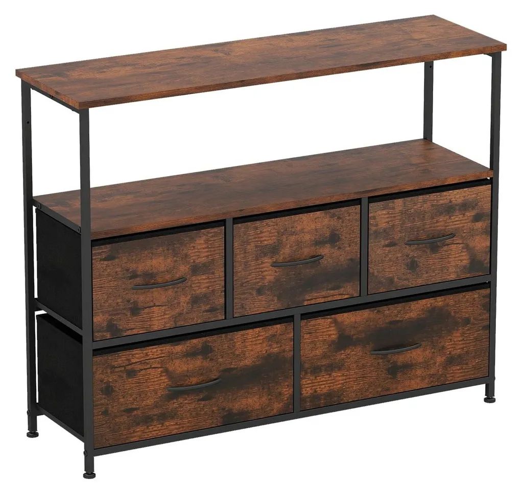 Commode large à 5 tiroirs avec étagères et structure métal robuste - L100