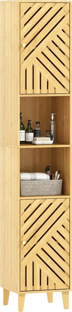 Meuble de salle de bain bois et pieds bambou avec tablettes mobiles