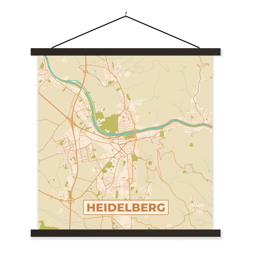 MuchoWow Textilposter Stadtplan - Heidelberg - Stadtplan - Vintage 60x60 cm mit schwarzem Rahmen - Posteraufhänger