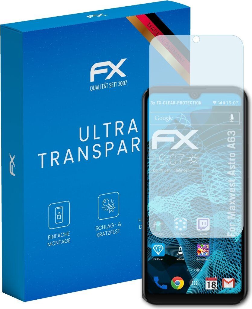 atFoliX FX-Clear 3x Schutzfolie kompatibel mit Maxwest Astro A63 Displayschutzfolie
