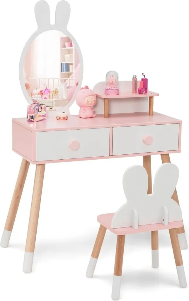Coiffeuse Enfant Motif Lapin et Miroir Acrylique Sécurisé | Bois - 3-7 ans