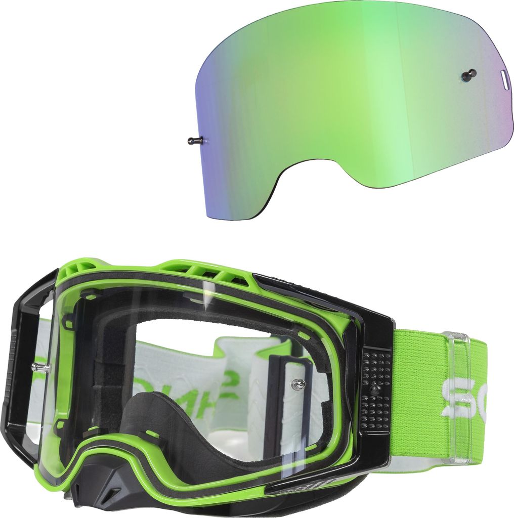 Schnorr MX Pro Grün - Motocross Brille | Transparentes Glas (S0), Anti-Fog, Tear-Off/Roll-Off mit Wechselglass verspiegelt Grün