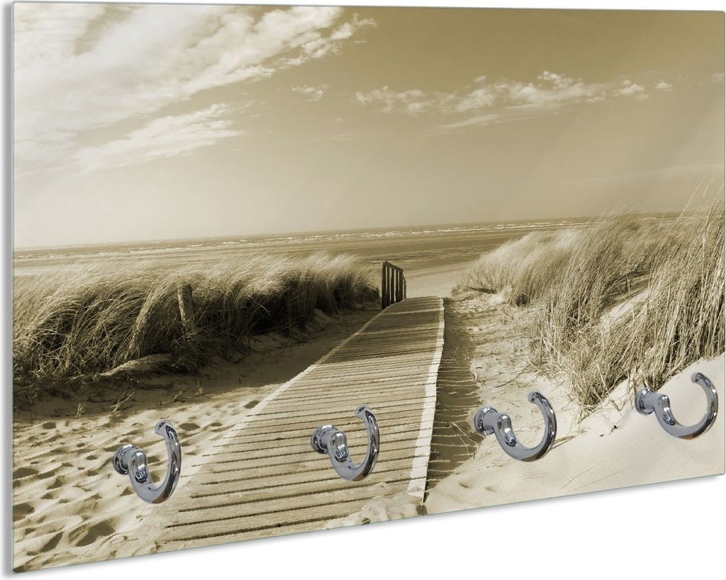 Wallario Schlüsselbrett aus Glas, Motiv: Auf dem Holzweg zum Strand in Sepiafarben, 30 x 20 cm mit 4 Haken