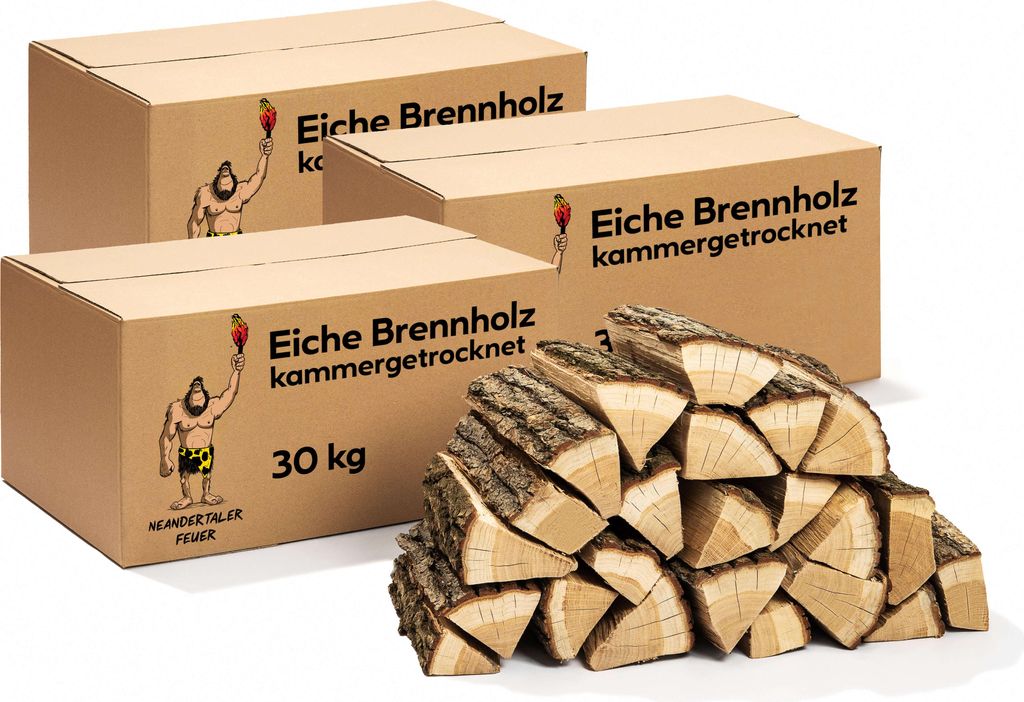 Neandertaler Feuer Brennholz Eichenholz Kaminholz - Grillholz 25 cm 90 kg | Hartholz Eichen Feuerholz | Holz für Grill Kamin Smoker Ofen | Firewood