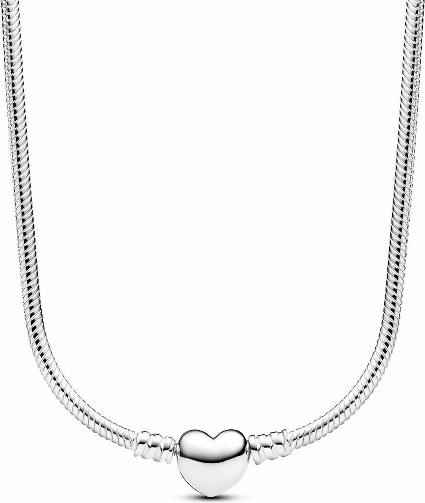 A silver necklace with a heart-shaped pendant on a white background.