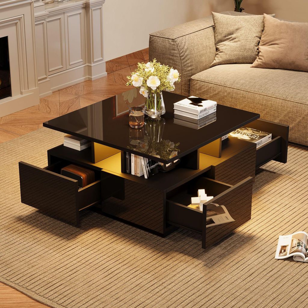 A modern coffee table with multiple drawers is placed in a living room setting, next to a sofa and near a fireplace.