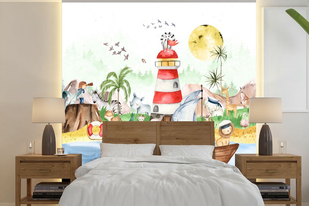 MuchoWow Fototapete für Wohnzimmer oder Schlafzimmer Wandtapete Vinyl Motivtapete Strand - Tiere - Kinder - Leuchtturm - Jungen - 220x220 cm - K...