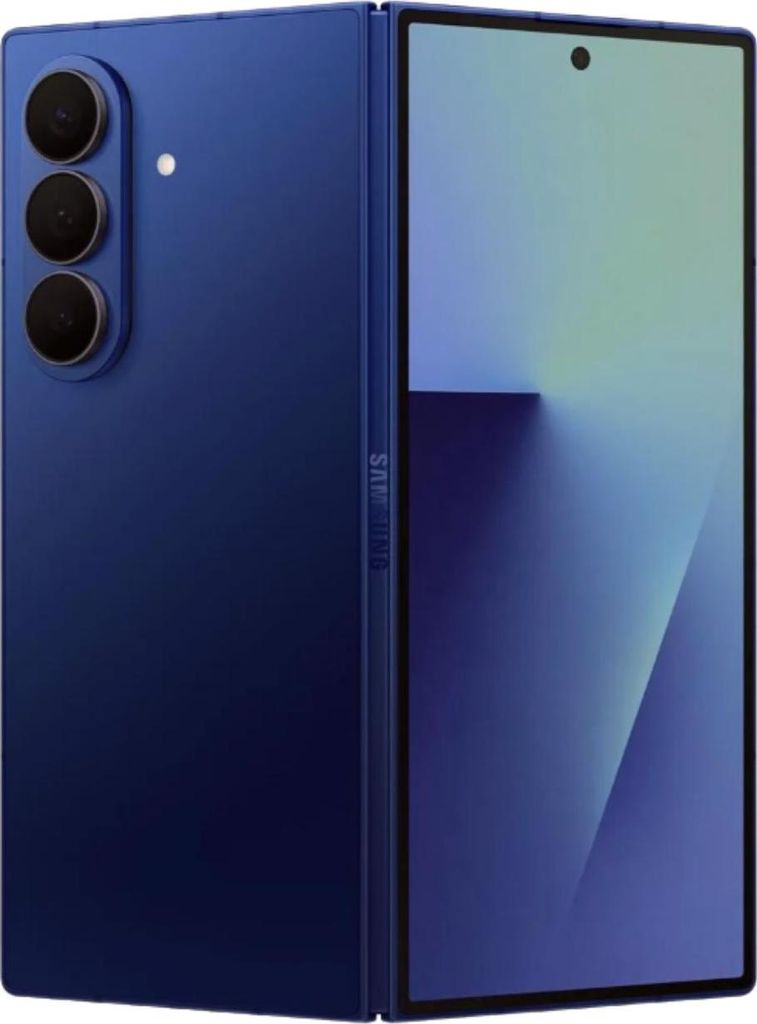 A blue Samsung Galaxy Z Fold7 smartphone is shown from the side, partially unfolded.