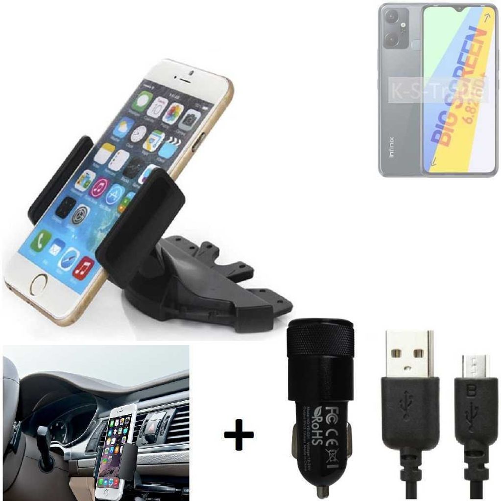 TOP SET K-S-Trade Autohalterung kompatibel mit Infinix Smart 6 Plus X6823C CD Schlitz Halterung KFZ-Halter Radio Handy Halterung 360° drehbar