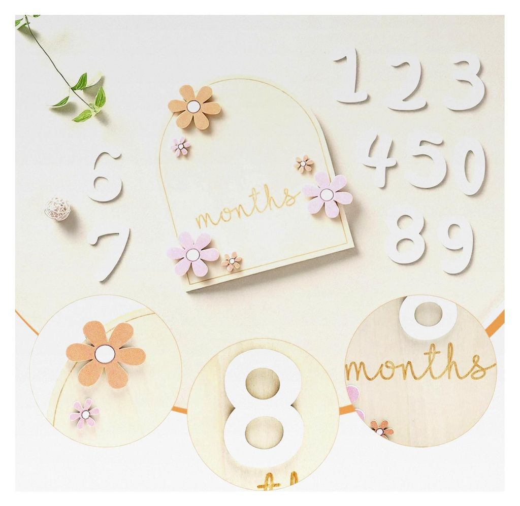 2-teiliges Set mit Baby Meilenstein Karten, 0-9 Zahlenplättchen, Holz Meilensteinkarten im Blumen Design für 1-12 Monate, geeignet für Jungen un...