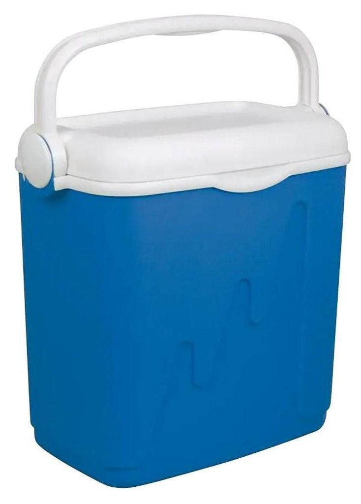 A blue and white cooler with a handle.