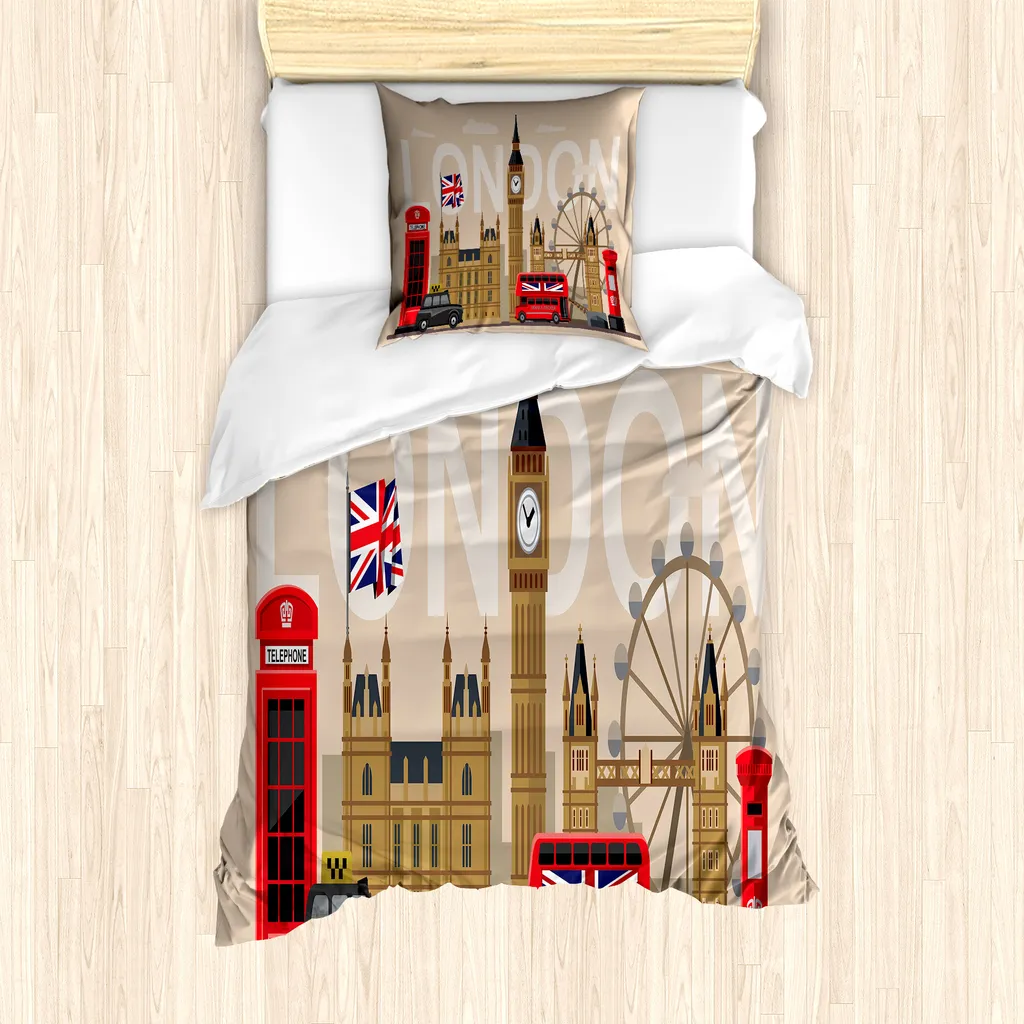ABAKUHAUS London Set copripiumino per letti singoli, attrazioni turistiche della Gran Bretagna, antiacaro, adatto a chi soffre di allergie, con federa, 135 cm x 200 cm - 80 x 80 cm, multicolore
