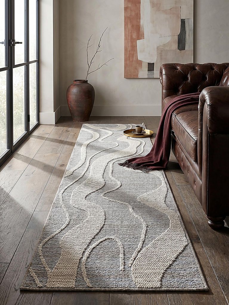 Teppichläufer Kurzflor Abstraktes Wellenmuster Polyester Grau 60x223 cm Diele Eingang waschbar Modern LEAM | Kadima Design
