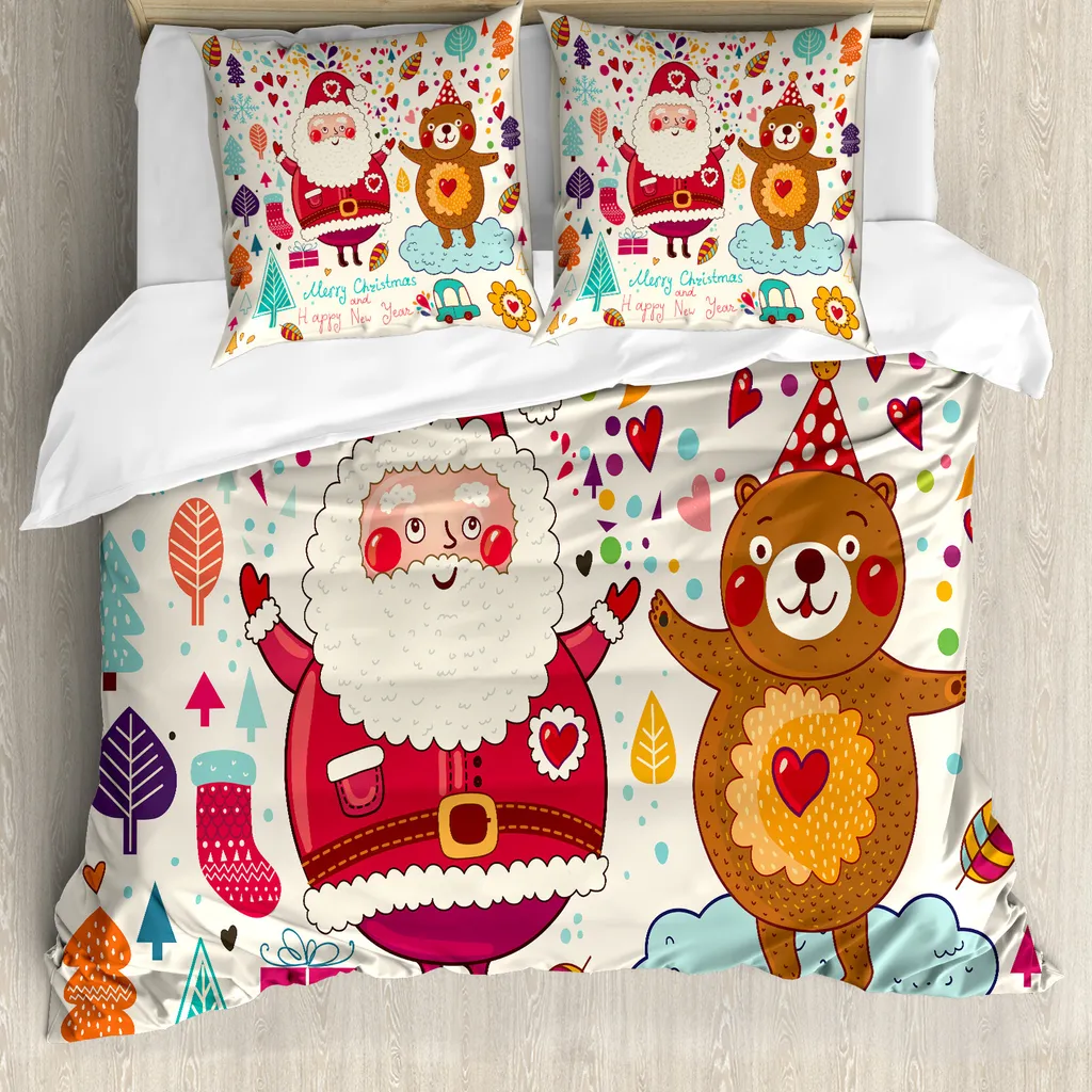 ABAKUHAUS Copripiumino natalizio, Sankt e orsacchiotto, antiacaro, adatto a chi soffre di allergie, con federe, 200 cm x 200 cm - 80 x 80 cm, multicolore