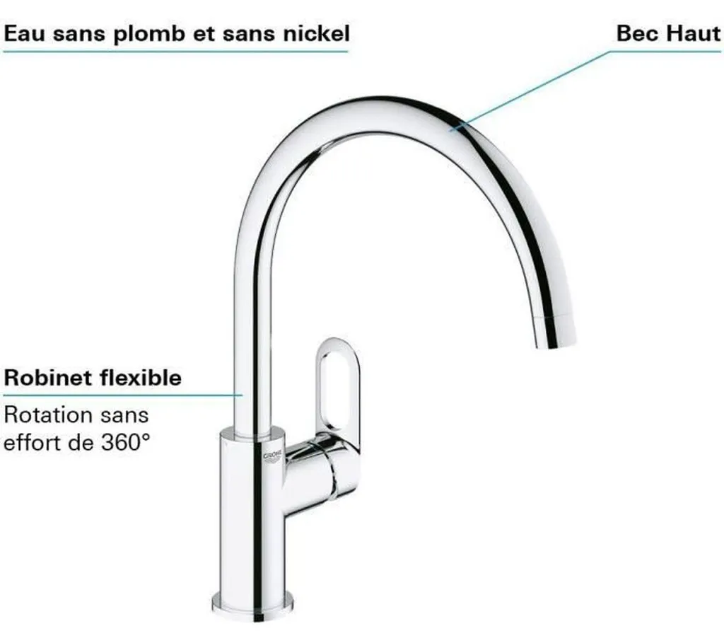 Mitigeur évier Grohe Start Flow cartouche céramique et chrome durable