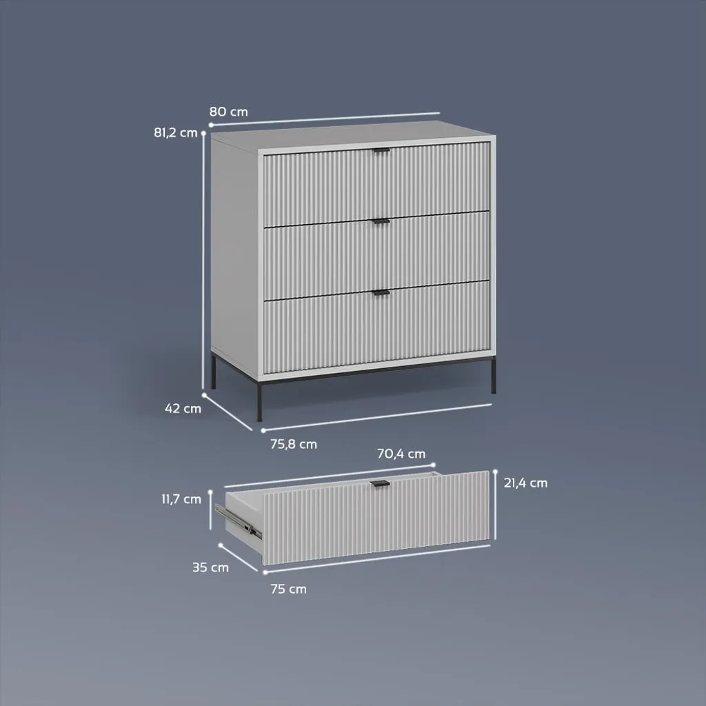 Rangement efficace : Commode 3 tiroirs Livinity Aterno Gris 81,2cm